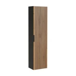 Colonne de salle de bain KINOKO 1 porte Finition lattes effet bois naturel et noir L35 x P25 x H140 cm Meuble suspendu