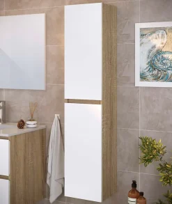 Colonne de salle de bain NELI 2 portes 140x30x27 cm chêne et blanc T-BATH