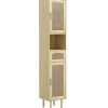 Colonne de salle de bain style bohème H. 170 cm - 2 portes, étagères, tiroir, niche - effet rotin bois clair