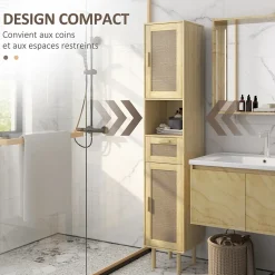 Colonne de salle de bain style bohème H. 170 cm - 2 portes, étagères, tiroir, niche - effet rotin bois clair