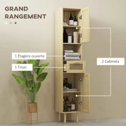 Colonne de salle de bain style bohème H. 170 cm - 2 portes, étagères, tiroir, niche - effet rotin bois clair