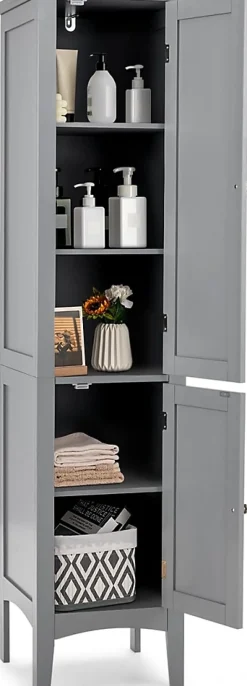 Colonne de Salle de Bain avec 2 Portes 5 étagères Dispositif Anti basculement Armoire Haute de Toilette Gris