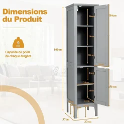 Colonne de Salle de Bain avec 2 Portes 5 étagères Dispositif Anti basculement Armoire Haute de Toilette Gris