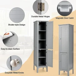 Colonne de Salle de Bain avec 2 Portes 5 étagères Dispositif Anti basculement Armoire Haute de Toilette Gris
