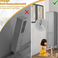 Colonne de Salle de Bain avec 2 Portes 5 étagères Dispositif Anti basculement Armoire Haute de Toilette Gris