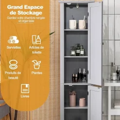 Colonne de Salle de Bain avec 2 Portes 5 étagères Dispositif Anti basculement Armoire Haute de Toilette Gris