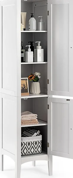 Colonne de Salle de Bain avec 2 Portes 5 étagères Dispositif Anti basculement Armoire Haute de Toilette Blanc