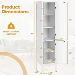 Colonne de Salle de Bain avec 2 Portes 5 étagères Dispositif Anti basculement Armoire Haute de Toilette Blanc