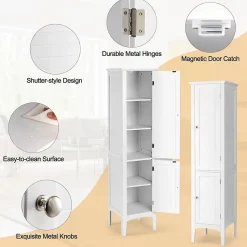 Colonne de Salle de Bain avec 2 Portes 5 étagères Dispositif Anti basculement Armoire Haute de Toilette Blanc