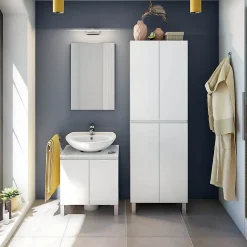 Colonne de salle de bain avec 4 portes sans poignée coloris blanc - Longueur 60 x Profondeur 35 x Hauteur 182 cm