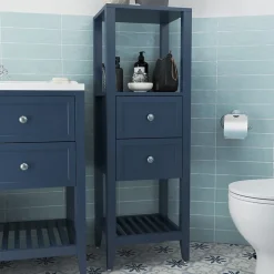 Colonne de salle de bains à poser 2 tiroirs et 2 niches bleu mat L.40 x H.120 x P.36 cm, GoodHome Perma