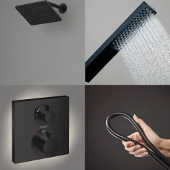 Colonne douche thermostatique HANSGROHE Ecostat Square Douche de tête Vernis Shape Flexible Isiflex Douchette Pulsify E noir mat