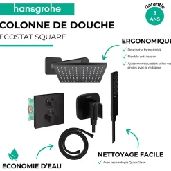 Colonne douche thermostatique HANSGROHE Ecostat Square Douche de tête Vernis Shape Flexible Isiflex Douchette Pulsify E noir mat