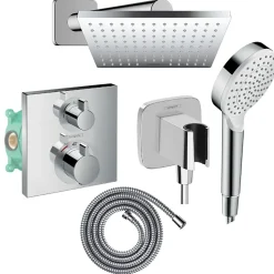 Colonne douche thermostatique HANSGROHE Ecostat Square Douche de tête Vernis Shape Flexible Metaflex Douchette Crometta chromé