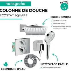 Colonne douche thermostatique HANSGROHE Ecostat Square Douche de tête Vernis Shape Flexible Metaflex Douchette Crometta chromé