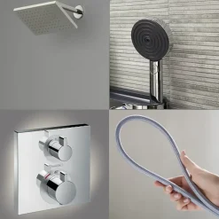 Colonne douche thermostatique HANSGROHE Ecostat Square Douche de tête Vernis Shape Flexible Isiflex Douchette Pulsify chromé