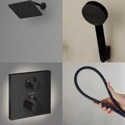 Colonne douche thermostatique HANSGROHE Ecostat Square Douche de tête Vernis Shape Flexible Designflex Douchette Pulsify noir mat