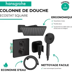 Colonne douche thermostatique HANSGROHE Ecostat Square Douche de tête Vernis Shape Flexible Designflex Douchette Pulsify noir mat