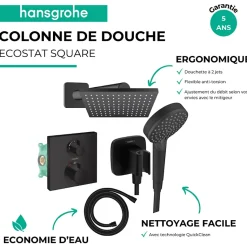 Colonne douche thermostatique HANSGROHE Ecostat Square Douche de tête Vernis Flexible Isiflex Douchette Vernis Blend noir