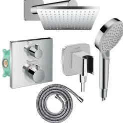 Colonne douche thermostatique HANSGROHE Ecostat Square Douche de tête Vernis Shape Flexible Metaflex Douchette Vernis Blend chromé