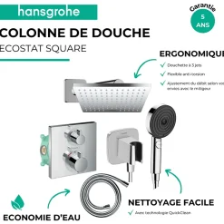 Colonne douche thermostatique HANSGROHE Ecostat Square Douche de tête Vernis Shape Flexible Designflex Douchette Pulsify chromé