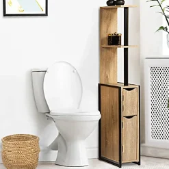 Colonne Meuble Wc Salle de Bain 2 Portes en Bois Design Industriel Marron 3 Etagères Toilettes