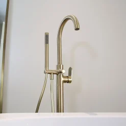 Colonne mitigeur mécanique de baignoire îlot + flexible + douchette, H.113 cm, doré, Essebagno
