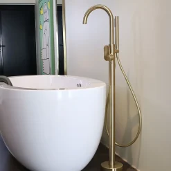 Colonne mitigeur mécanique de baignoire îlot + flexible + douchette, H.113 cm, doré, Essebagno