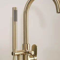Colonne mitigeur mécanique de baignoire îlot + flexible + douchette, H.113 cm, doré, Essebagno