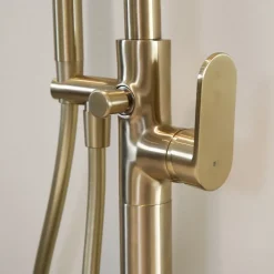 Colonne mitigeur mécanique de baignoire îlot + flexible + douchette, H.113 cm, doré, Essebagno