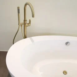 Colonne mitigeur mécanique de baignoire îlot + flexible + douchette, H.113 cm, doré, Essebagno