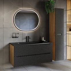 Colonne murale salle de bain 2 portes Elora Noir et bois