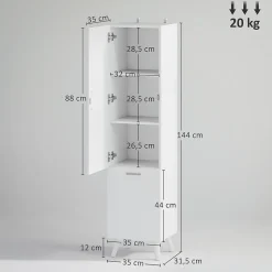 Colonne salle de bain - porte, 2 étagères, panier à linge - dim. 35 x 31,5 x 144 cm - blanc