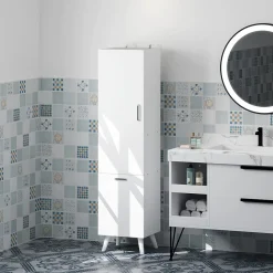 Colonne salle de bain - porte, 2 étagères, panier à linge - dim. 35 x 31,5 x 144 cm - blanc