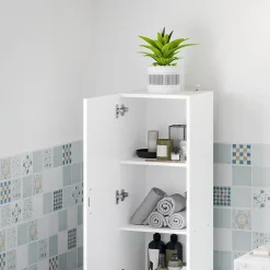 Colonne salle de bain - porte, 2 étagères, panier à linge - dim. 35 x 31,5 x 144 cm - blanc