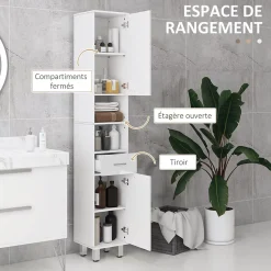 Colonne salle de bain H.180cm façade blanc laqué 2 portes, 2 étagères, 2 niches, tiroir