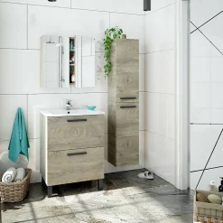 Colonne salle de bain Suspendue avec 2 Portes coloris Alaska chêne à nœuds - Hauteur 150 x Longueur 30 x Profondeur 25 cm