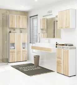 Colonne salle de bains AKORD FIN Blanche 30 cm 2 portes façade Chêne Sonoma 5 étagères 30x30x140 cm