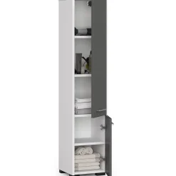 Colonne salle de bains AKORD FIN Blanche 30 cm 2 portes façade Gris Graphite 5 étagères 30x30x140 cm