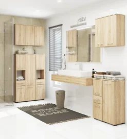 Colonne salle de bains AKORD FIN Chêne Sonoma 30 cm 2 portes 1 tiroir façade Chêne Sonoma 3 étagères 30x30x85 cm