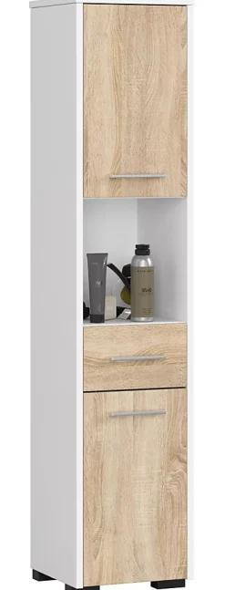 Colonne salle de bains AKORD FIN Blanche 30 cm 2 portes 1 tiroir façade Chêne Sonoma 5 étagères 30x30x140 cm