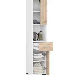 Colonne salle de bains AKORD FIN Blanche 30 cm 2 portes 1 tiroir façade Chêne Sonoma 5 étagères 30x30x140 cm