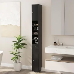 Colonne WC avec 2 Portes 1 Tiroir 5 Etageres Reglables Anti-basculement Meuble Colonne pour Petits Espaces 20x20x180cm