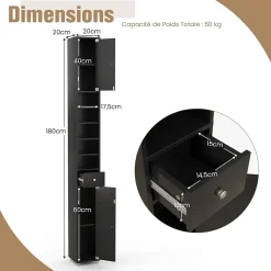 Colonne WC avec 2 Portes 1 Tiroir 5 Etageres Reglables Anti-basculement Meuble Colonne pour Petits Espaces 20x20x180cm