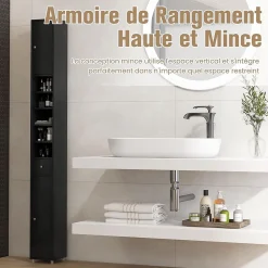 Colonne WC avec 2 Portes 1 Tiroir 5 Etageres Reglables Anti-basculement Meuble Colonne pour Petits Espaces 20x20x180cm