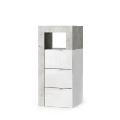 Commode de salle de bains BURA 3 tiroirs L35 cm Blanc brillant laqué et gris aspect béton