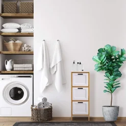 Commode de Salle de Bains 3 Tiroirs MDF Bambu Blanc Marron Rebecca Mobili
