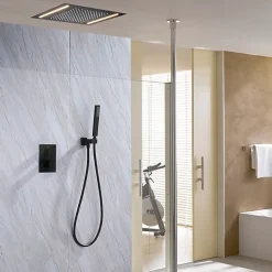 Composition de douche Ciel de pluie 400x400 mm noir mat led, thermostatique, Secax