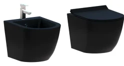 Couple de sanitaires suspendu Rimless sans bride, gamme New Bent de couleur noire mat avec abattant soft-close inclus