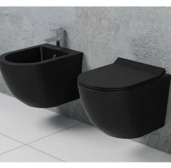 Couple de sanitaires suspendu Rimless sans bride, gamme New Bent de couleur noire mat avec abattant soft-close inclus